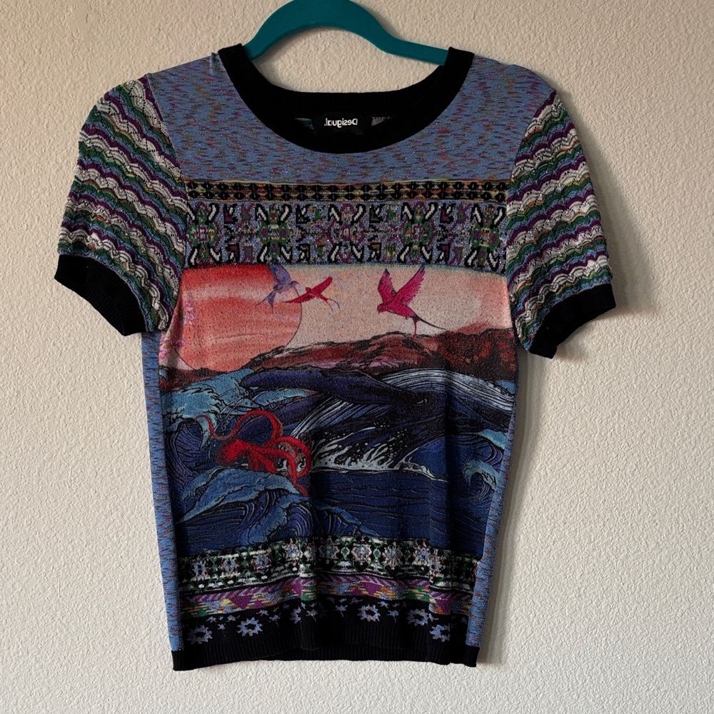 Desigual XS Japanese Vibrant Knit Top with Birds and Waves